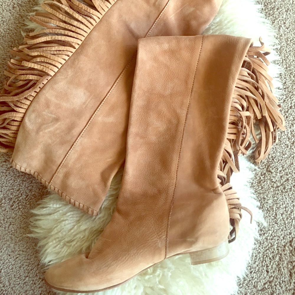 Zara Knee High Suede Fringe Brown Boots